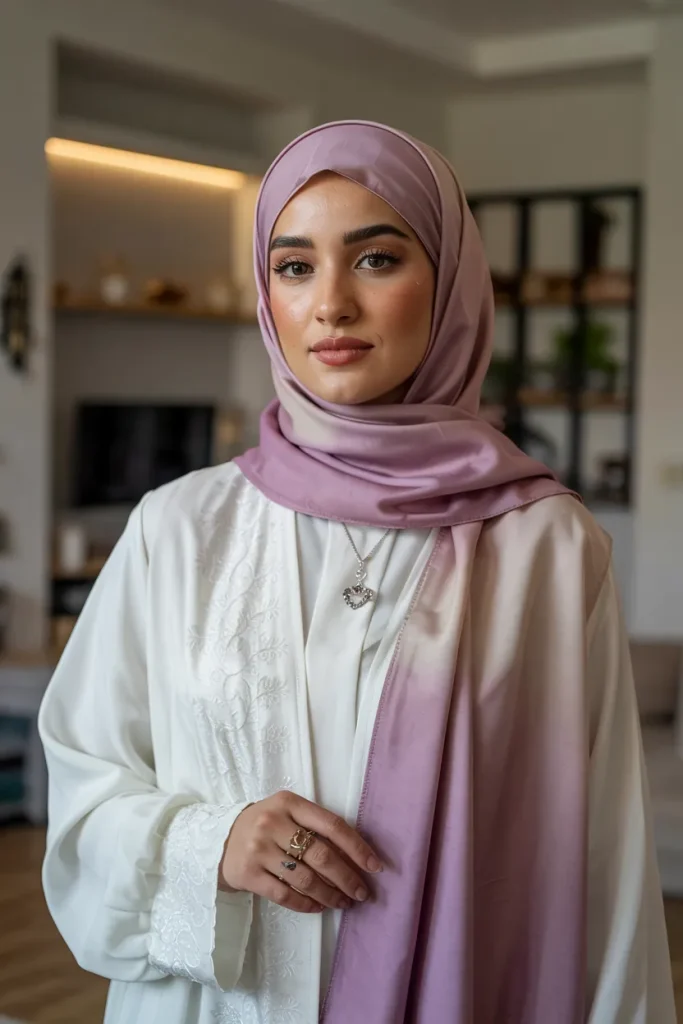 Elegant White Abaya with Ombre Purple Hijab Spring Hijab Outfit