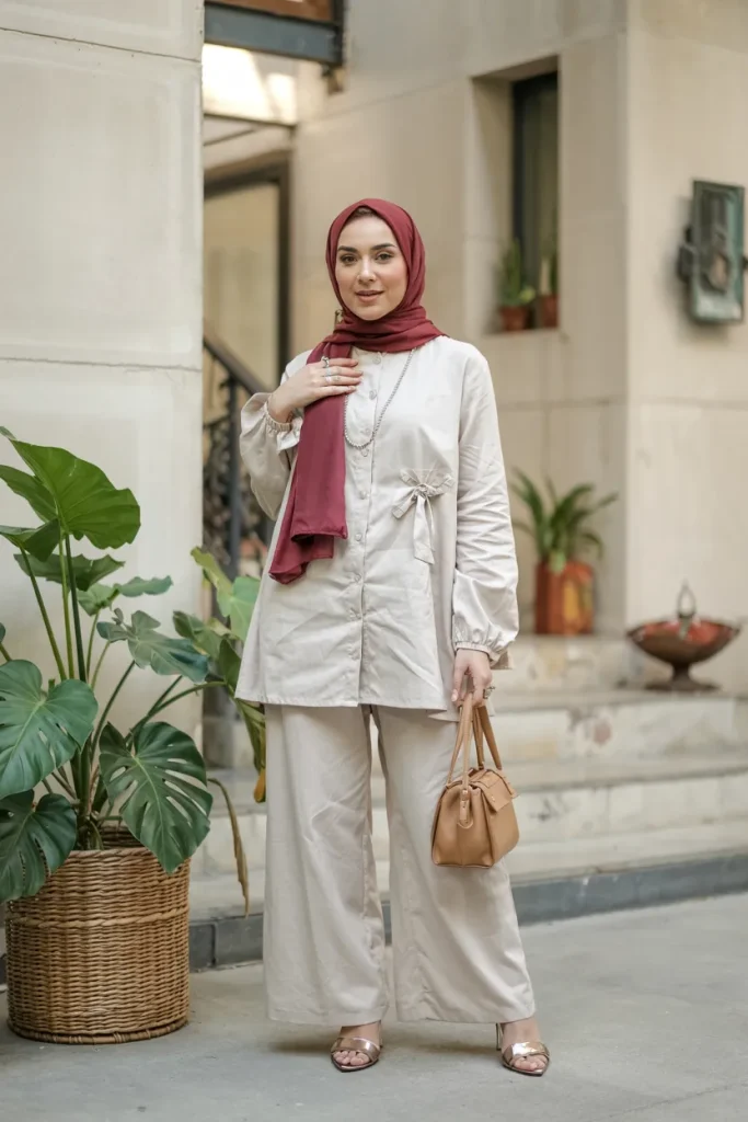 Elegant White Linen Outfit with Maroon Spring Hijab Outfit