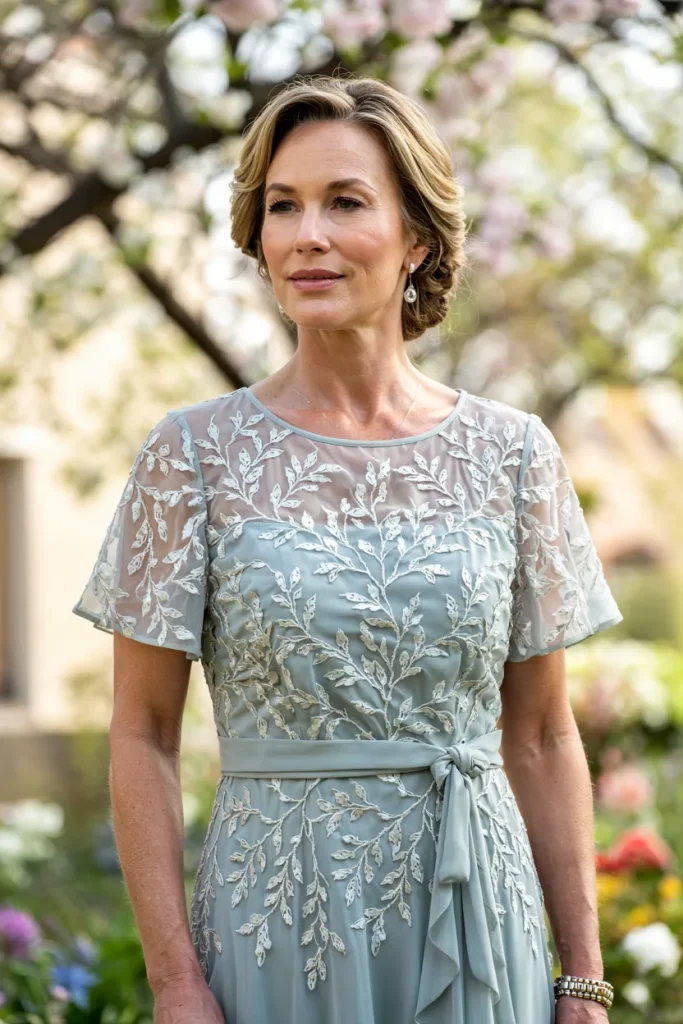Elegantly Dusty Sage Short Sleeve Embroidered Chiffon Sheath Dress for Spring Weddings
