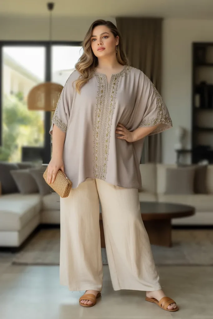 Embellished Kaftan Top Linen Pants Modest Outfit