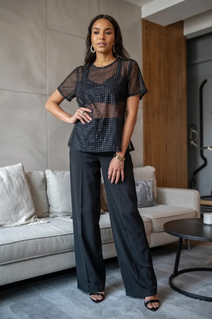 Embellished Mesh Top and Wide Leg Trousers