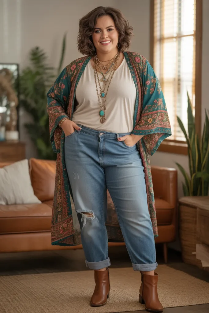 Embroidered Kimono Distressed Boyfriend Jeans Boho Outfit