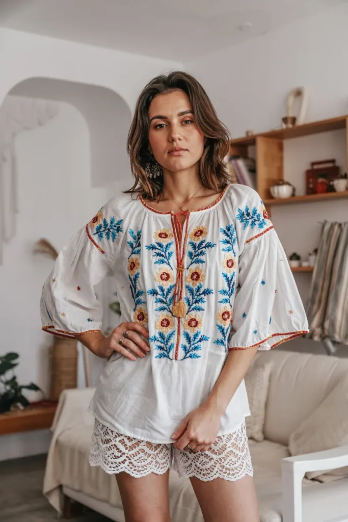 Embroidered Peasant Top and Lace Shorts