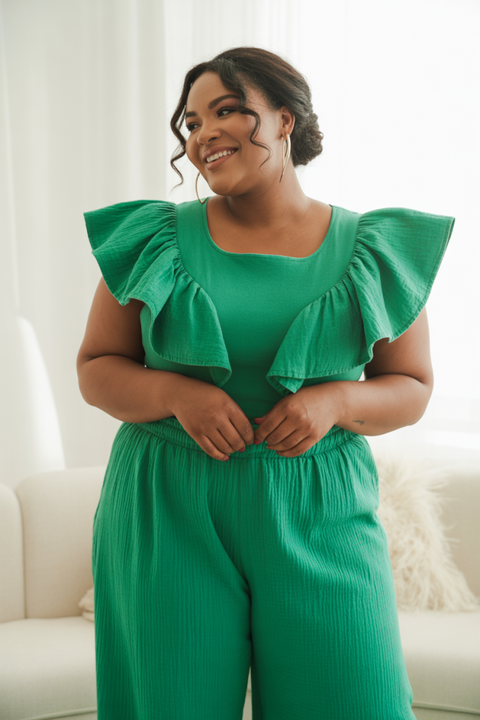 Emerald Green Ruffle Top Wide Leg Cotton Set for Spring