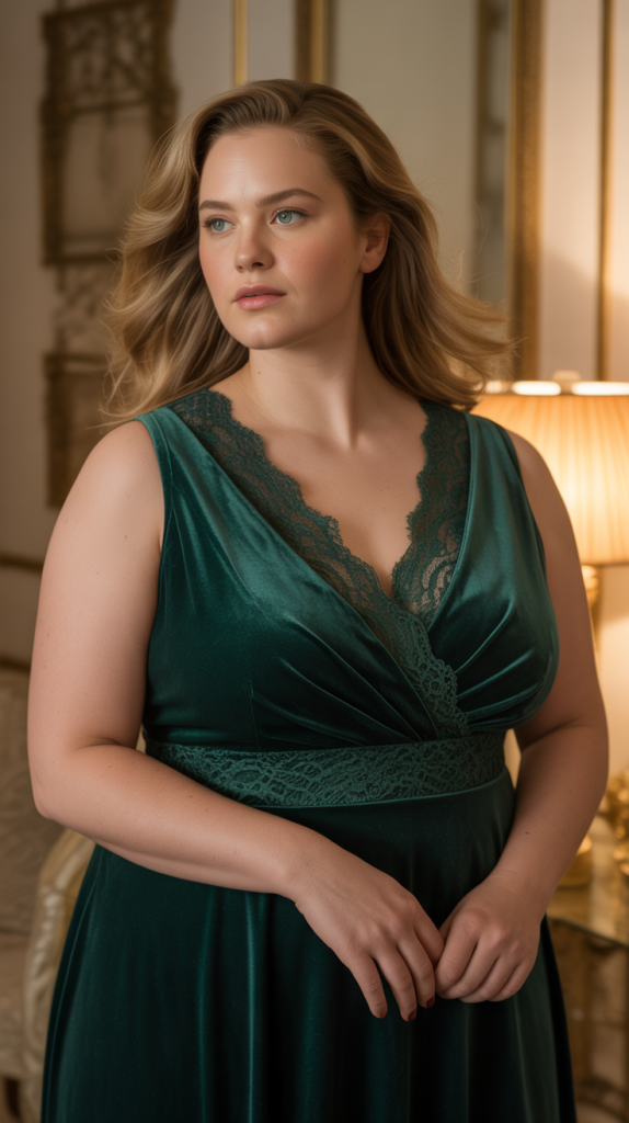 Emerald Green Velvet Lace Dress with a V Neckline