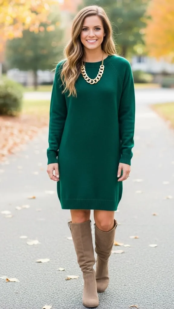 Emerald Sweater Dress with Suede Boots