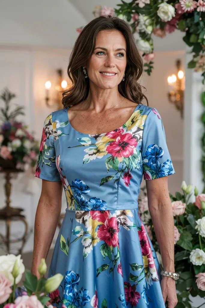 Enchanting Blue Multi Color Scoop Neck Floral Print Fit and Flare Dress for Spring Weddings