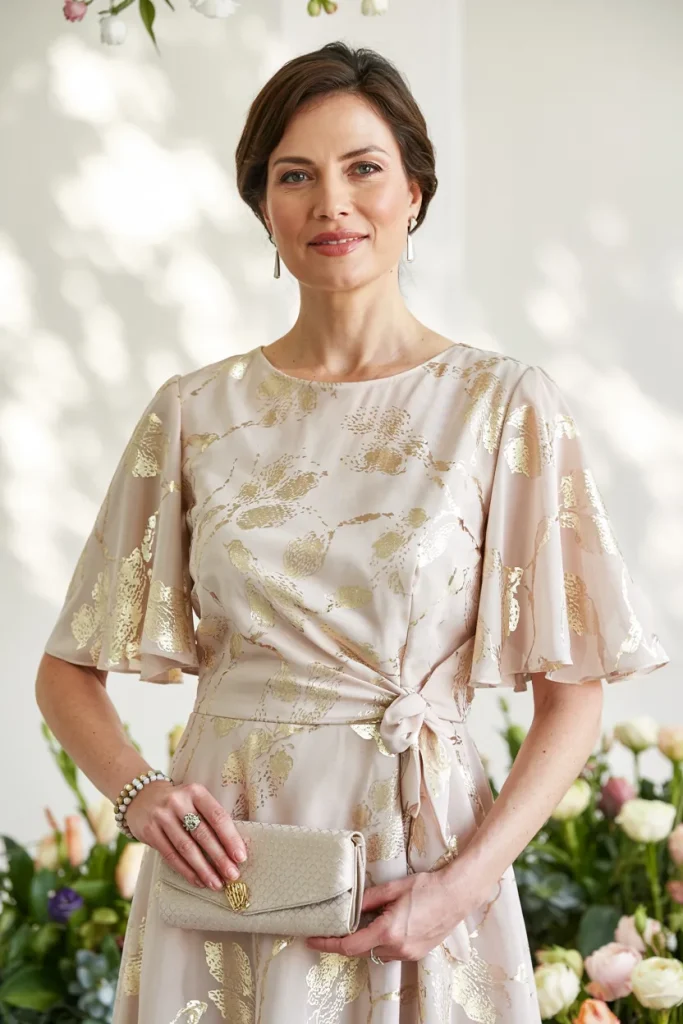 Enchanting Champagne Gold Metallic Print Flutter Sleeve Sheath Dress for Spring Weddings