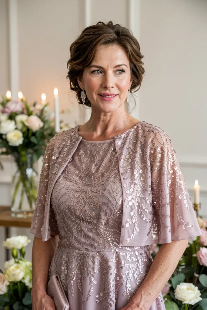Enchanting Dusty Rose Mauve Short Sequin Capelet Dress