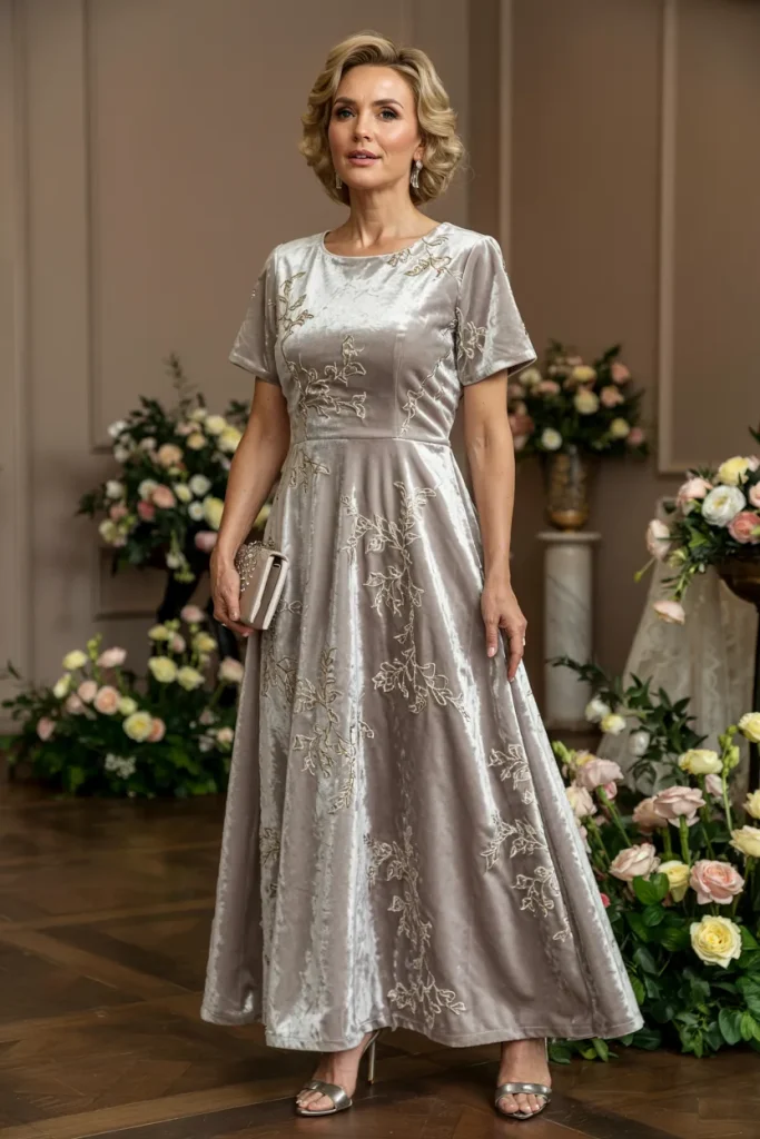 Enchanting Silver Grey Short Sleeve Velvet Embroidery A Line Dress