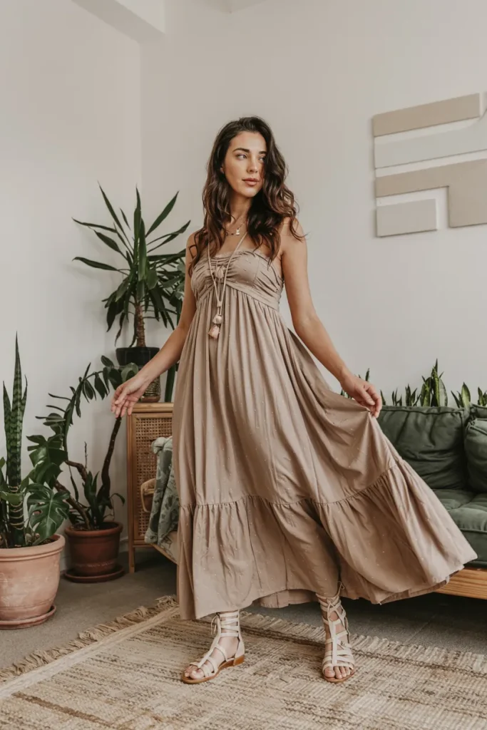 Ethereal Earth Goddess Maxi Dress and Gladiator Sandals Spring Look