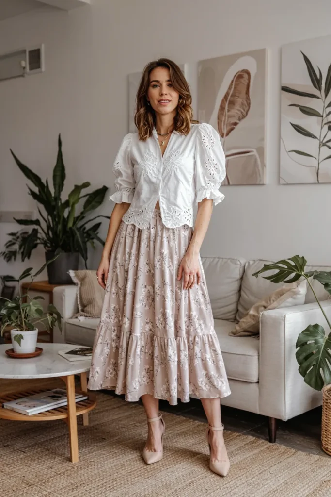 Eyelet Lace Blouse and Floral Midi Skirt