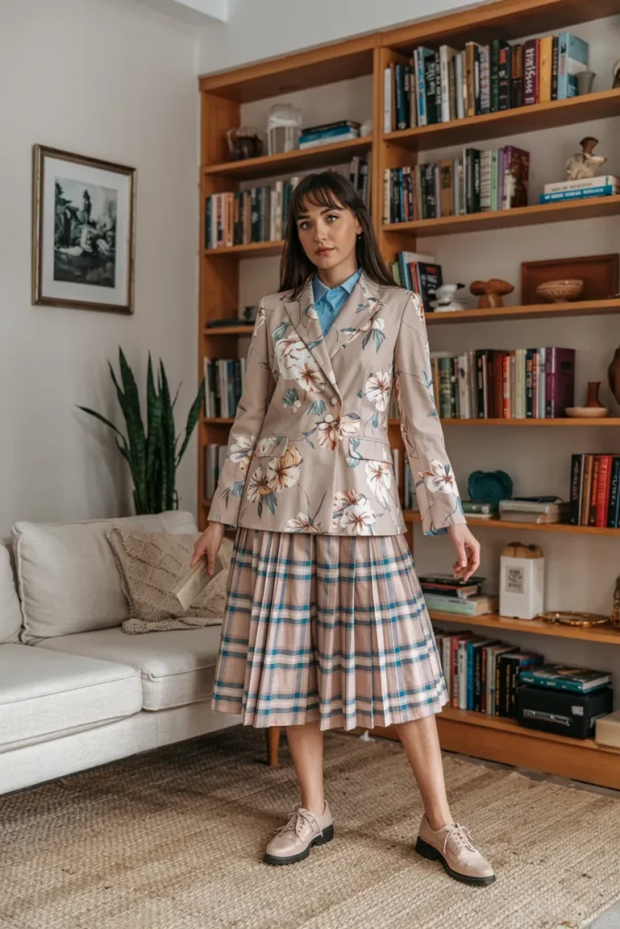 Floral Academia Vintage Blazer and Plaid Pleated Skirt Spring Outfit