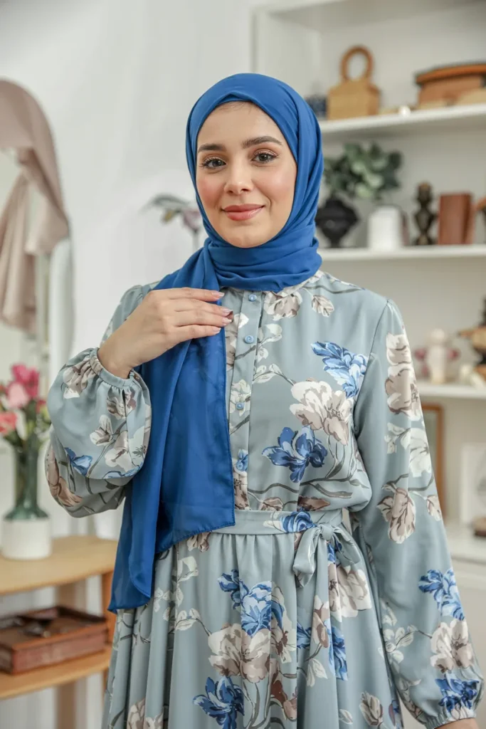 Floral Chiffon Dress with Royal Blue Hijab Spring Hijab Outfit