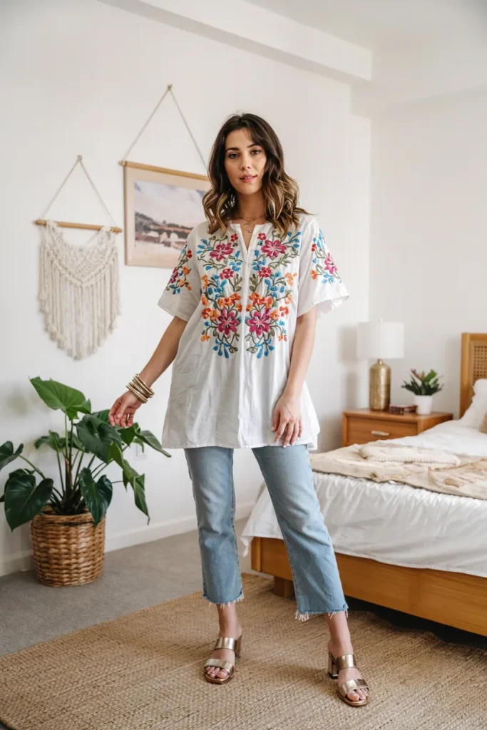 Floral Embroidered Tunic and Cropped Jeans