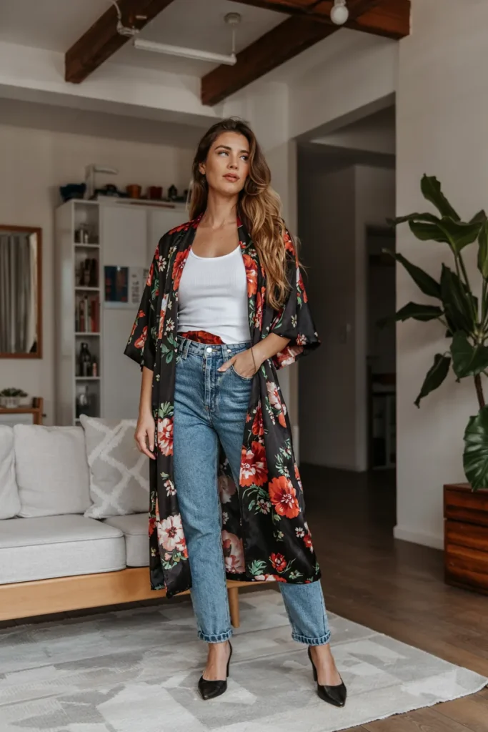 Floral Kimono Jacket and High Waisted Jeans