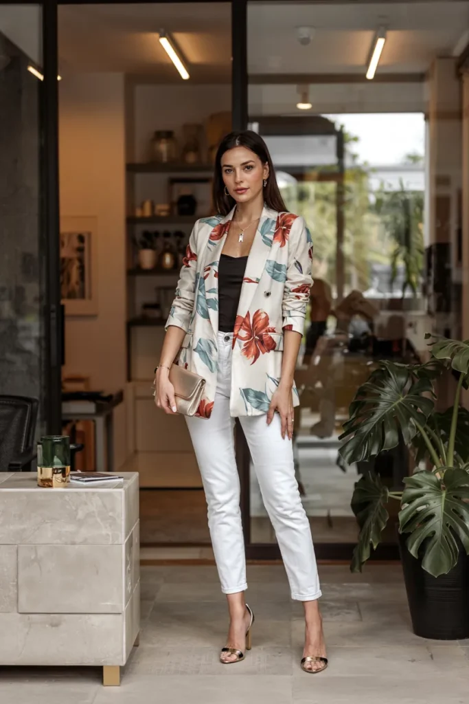 Floral Print Blazer and White Jeans