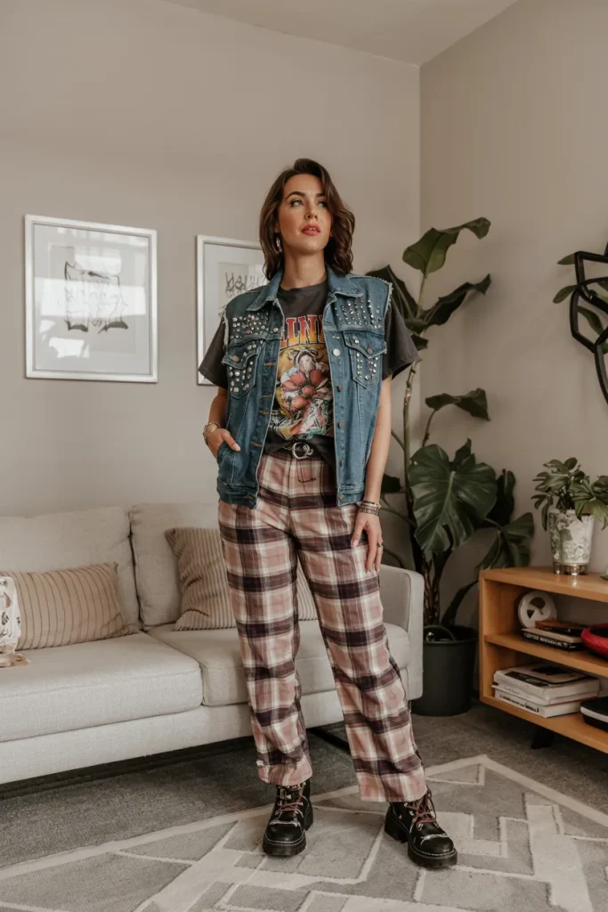 Floral Punk Studded Denim Vest and Plaid Pants Spring Outfit