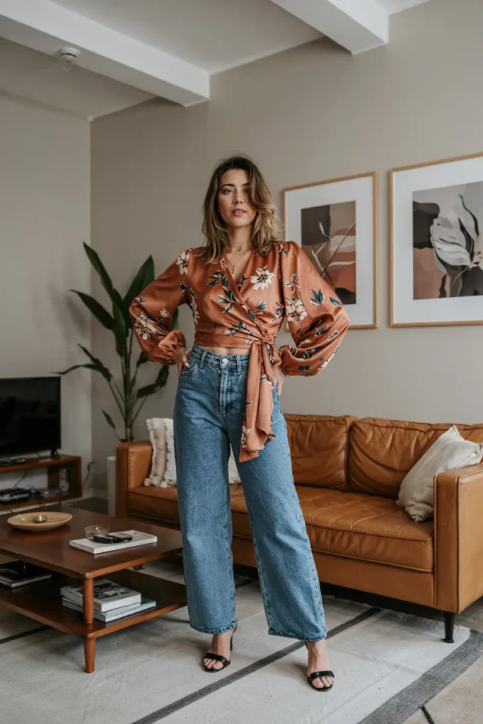 Floral Wrap Blouse and Wide Leg Jeans