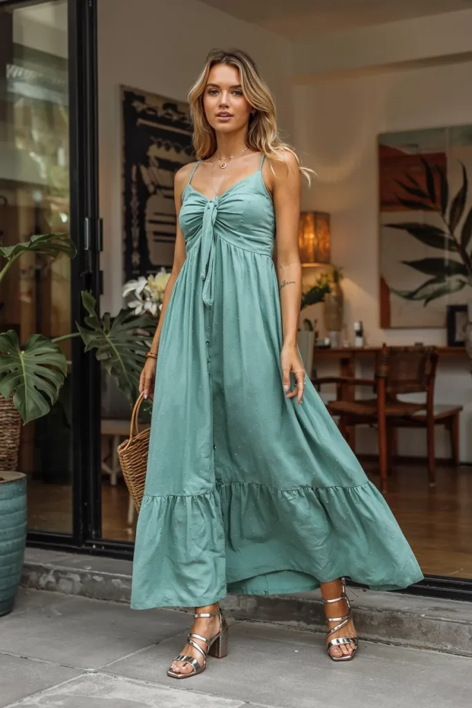 Flowing Maxi Dress Paired with Strappy Sandals