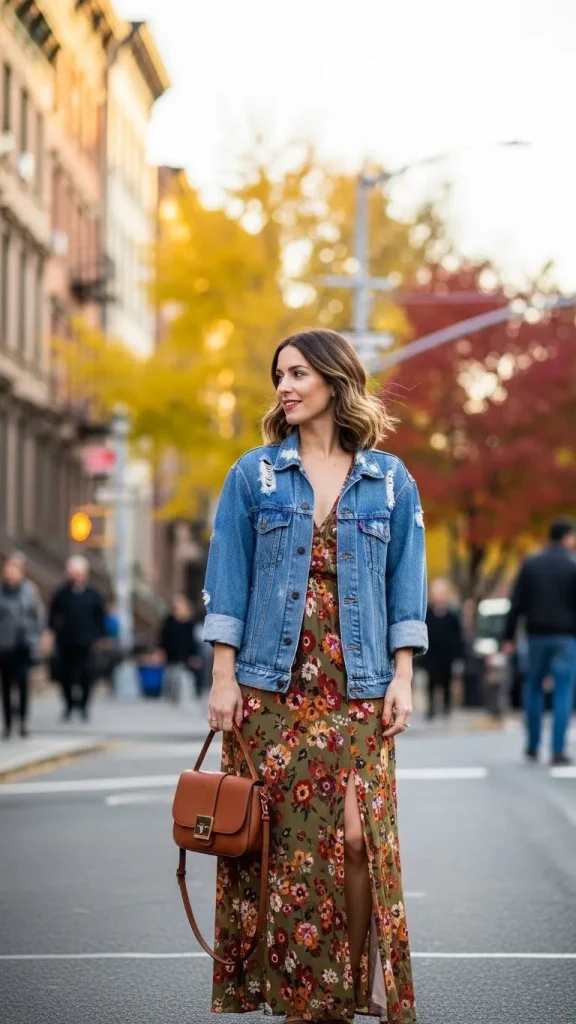 Flowy Maxi Dress with Denim or Leather Jacket