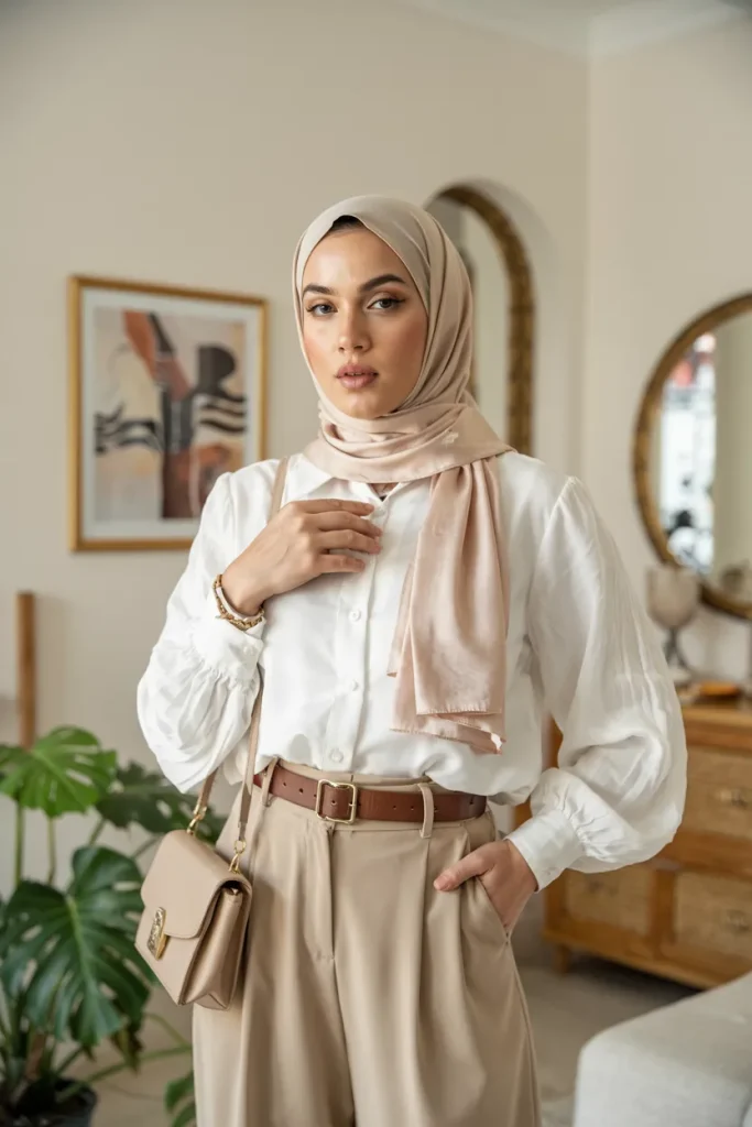 Flowy White Blouse and Khaki Trousers Hijab Spring Outfit