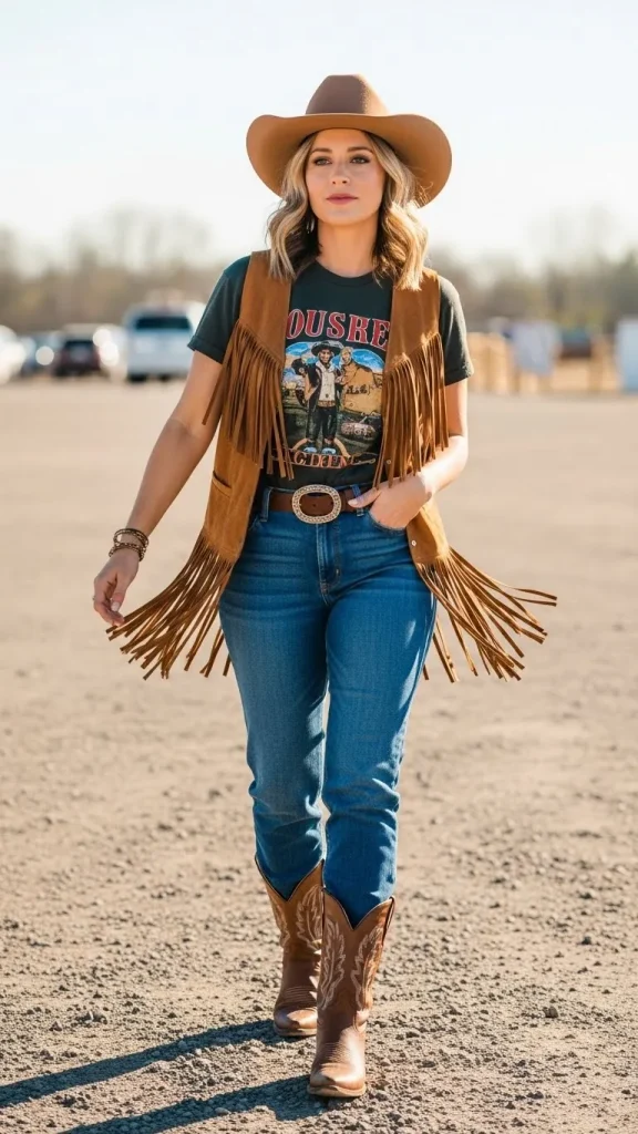 Fringed Suede Vest Over a Graphic Tee
