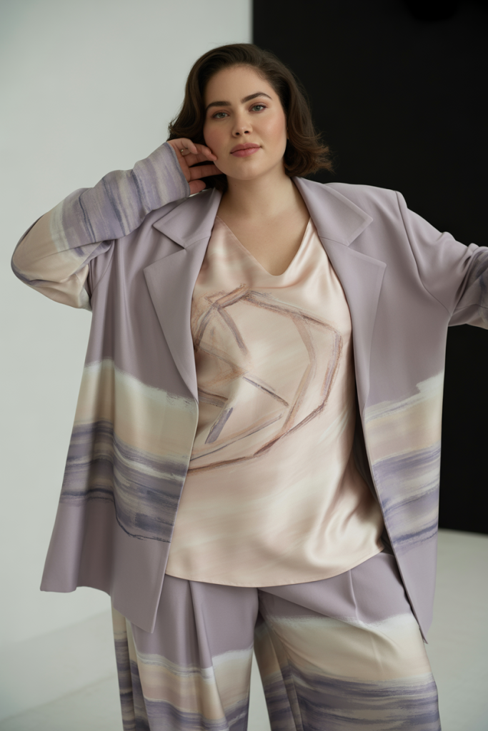 Geometric Silk Shell Top Dove Grey Blazer With Matching Wide leg Trouser