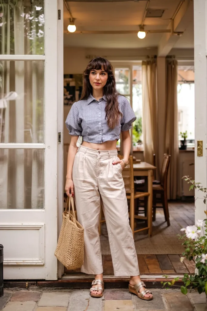 Gingham Crop Top and Linen Trousers