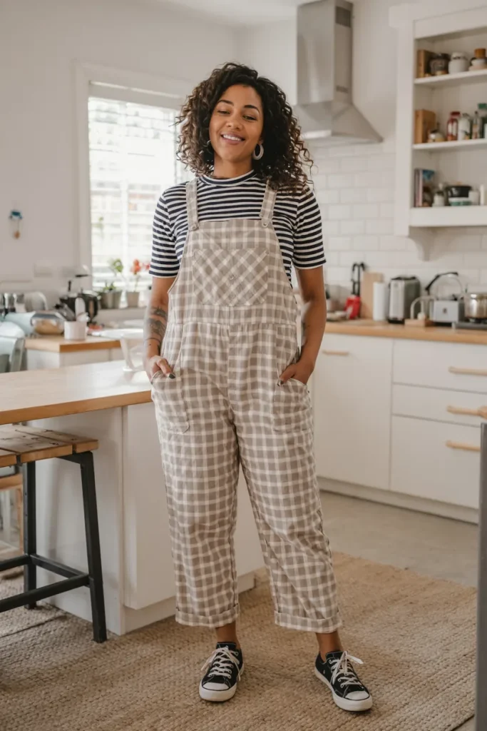 Gingham Overalls and Striped Top