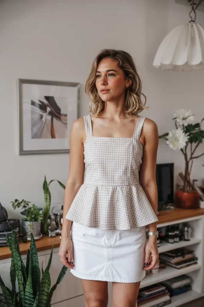 Gingham Peplum Top and White Denim Skirt