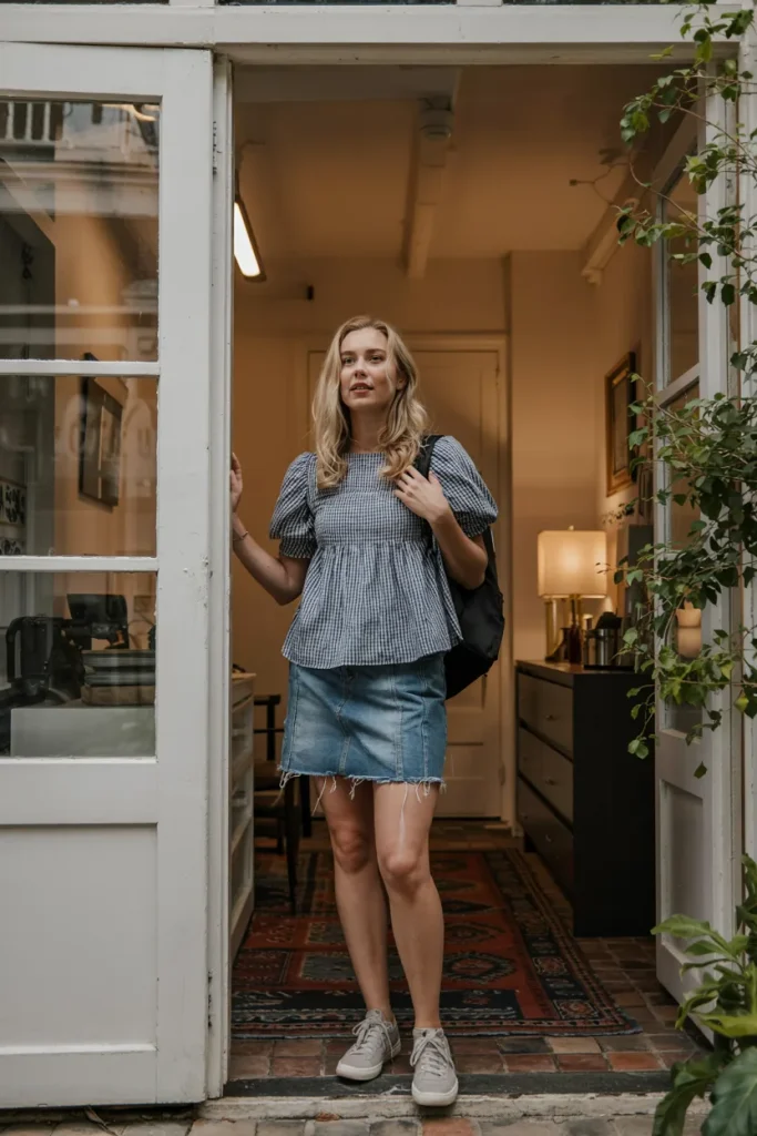 Gingham Smocked Top and Denim Skirt