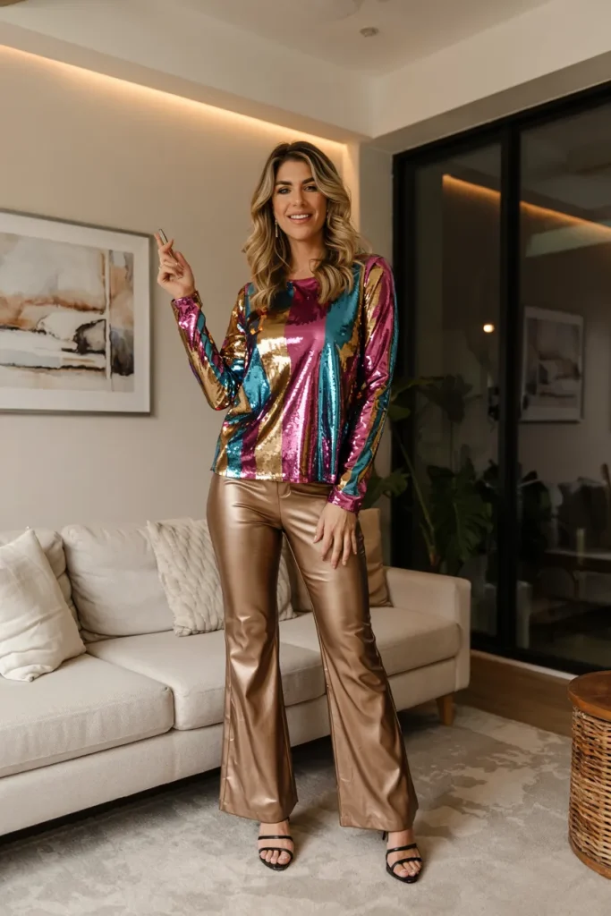 Glam Disco Sequin Top and Metallic Flare Pants Spring Party Style