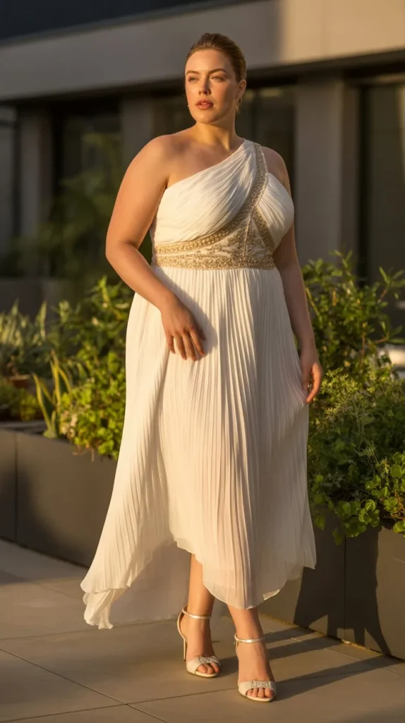 Grecian Inspired One Shoulder Pleated Wedding Dress