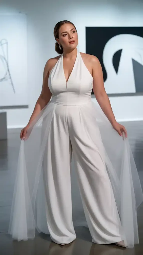 Halter Neck Jumpsuit with Attached Overskirt Wedding Dress
