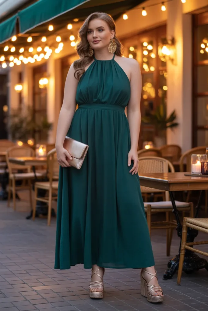 Halter Neck Maxi Dress Platform Sandals Date Night Outfit
