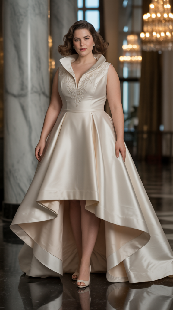 High Low Hem Mikado with Portrait Collar Wedding Dress