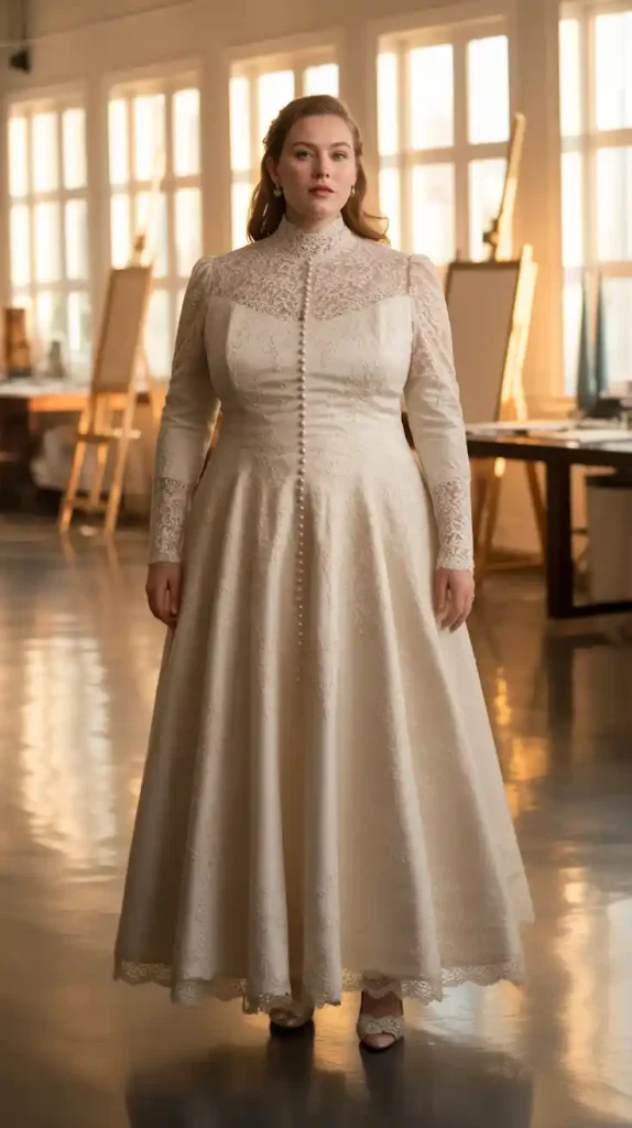 High Neck Victorian Inspired Buttoned Wedding Dress