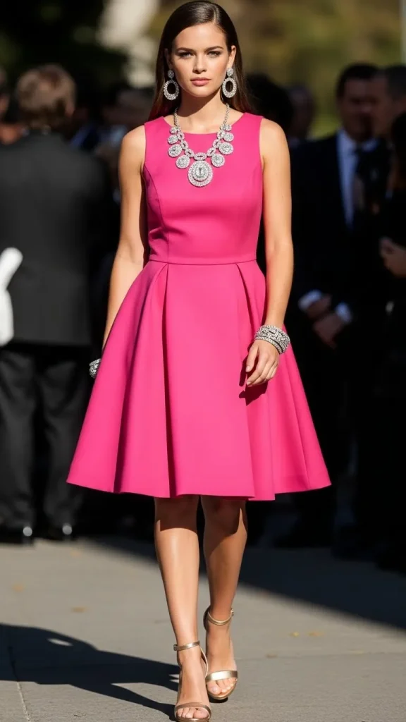 Hot Pink Cocktail Dress with Statement Jewelry