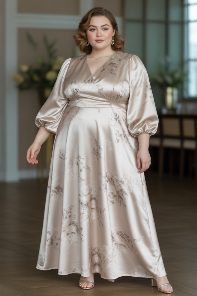 Ivory Floral Satin Maxi Dress with Balloon Sleeves for Spring Formal