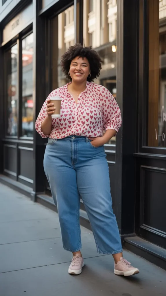 Jeans and a Heart Print Blouse for a Casual Vibe