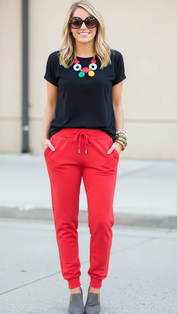 Joggers Styled with Statement Jewelry