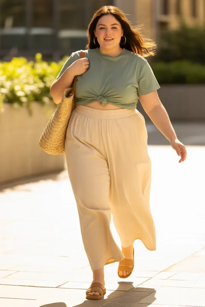Knotted Crop Top Wide Leg Pants Casual Outfit