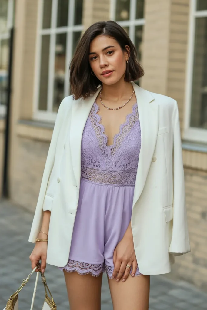 Lavender Lace Romper and Oversized Blazer Chic Spring Birthday Party Outfit