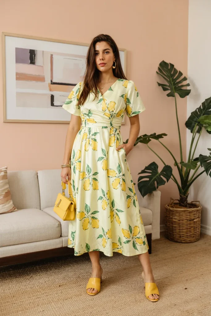 Lemon Print Dress and Yellow Mules
