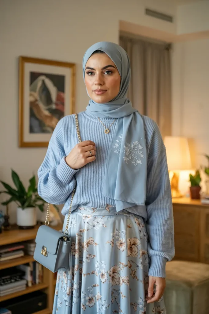 Light Blue Sweater and Floral Skirt Hijab Spring Outfit