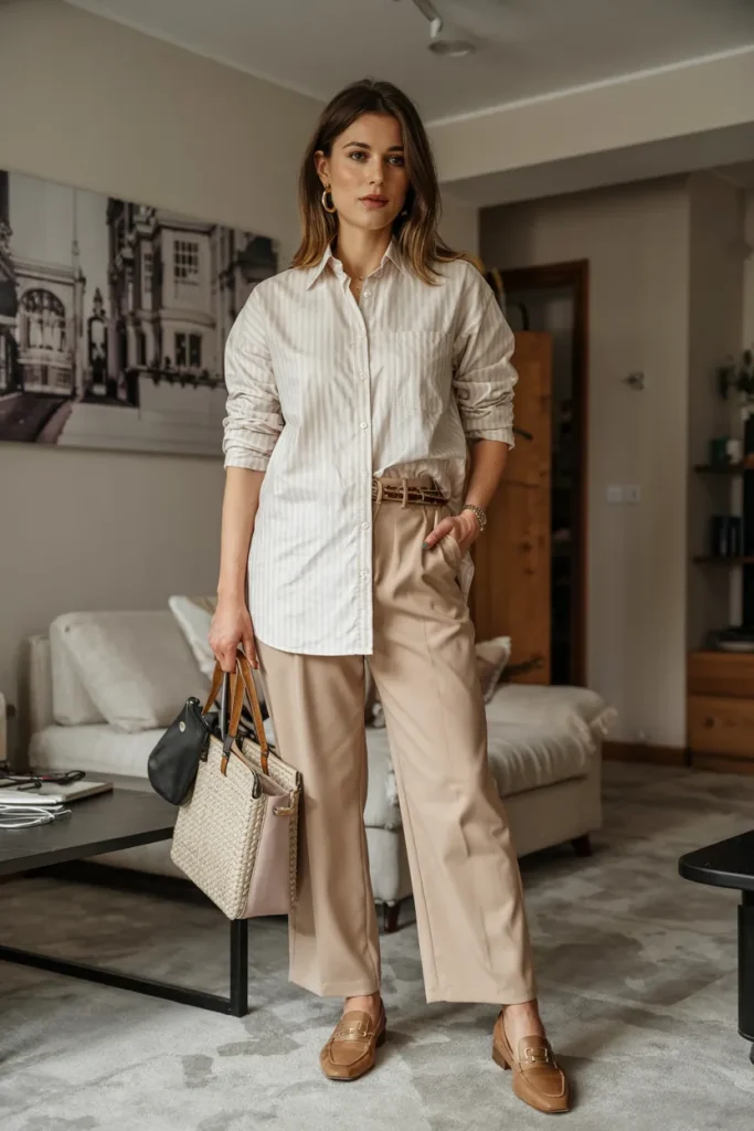 London Inspired Button Down Trousers Spring Outfit