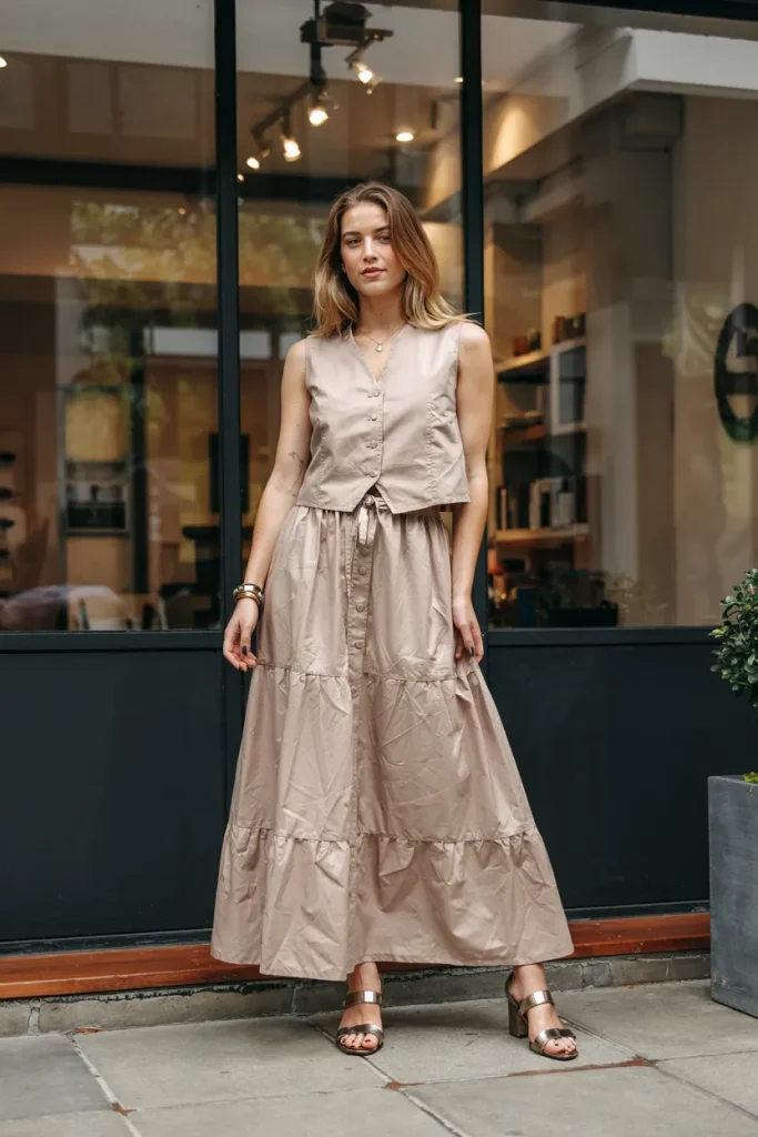 London Inspired Button Vest Maxi Skirt Spring Outfit