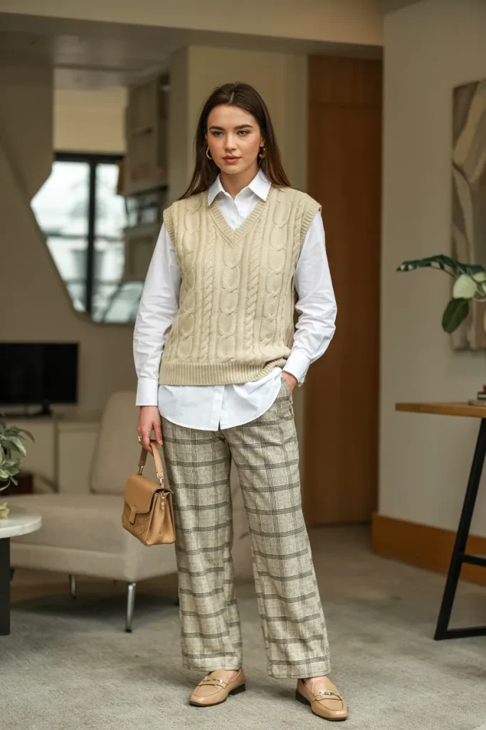 London Inspired Cable Vest Shirt Spring Outfit