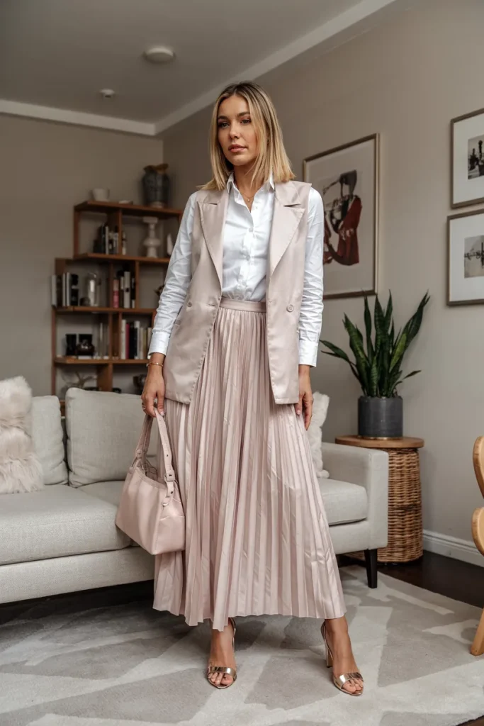 London Inspired Pleated Maxi Vest Spring Outfit